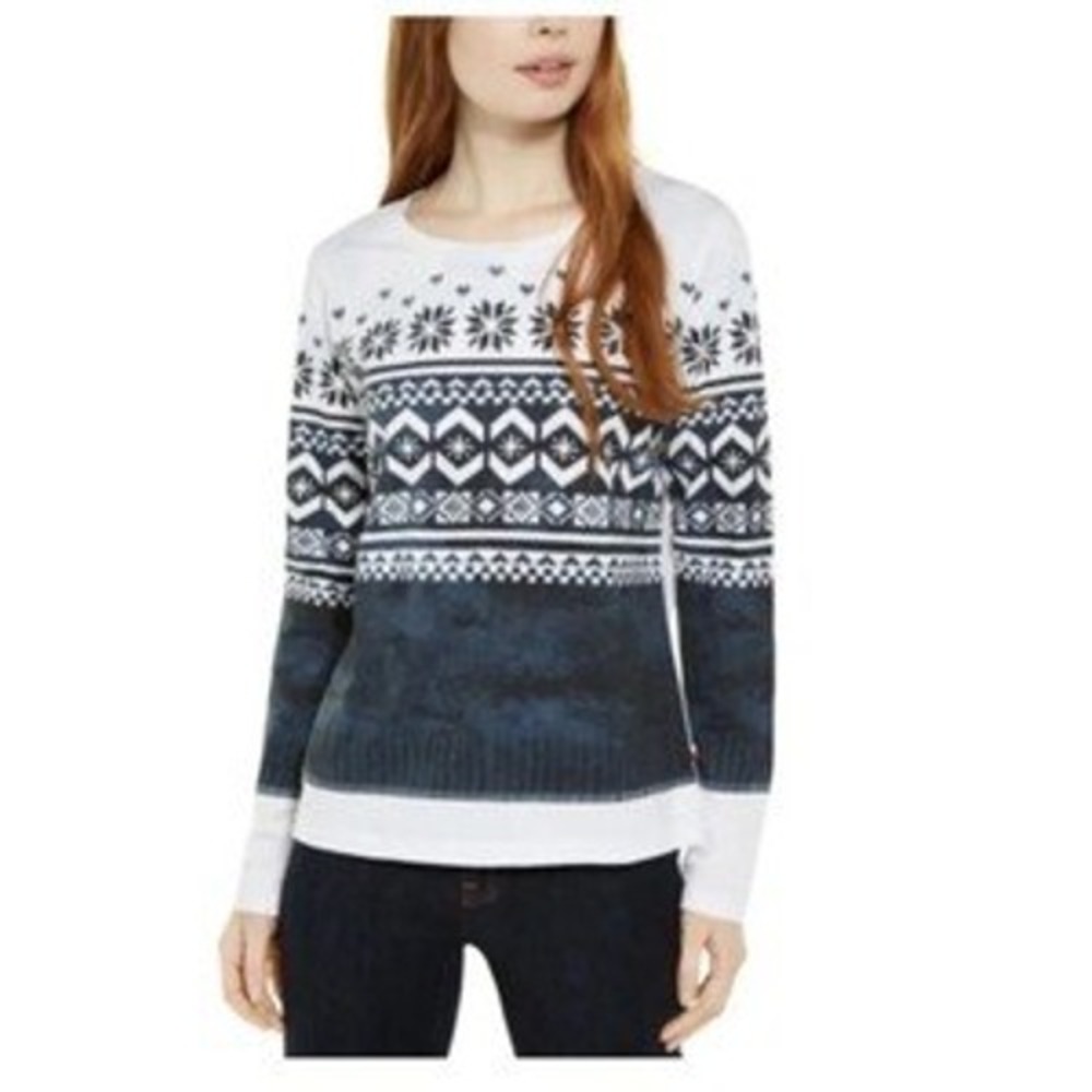Tommy Hilfiger Womens XL Fair Isle Snowflake Ombre Long Sleeve Cotton Tee White